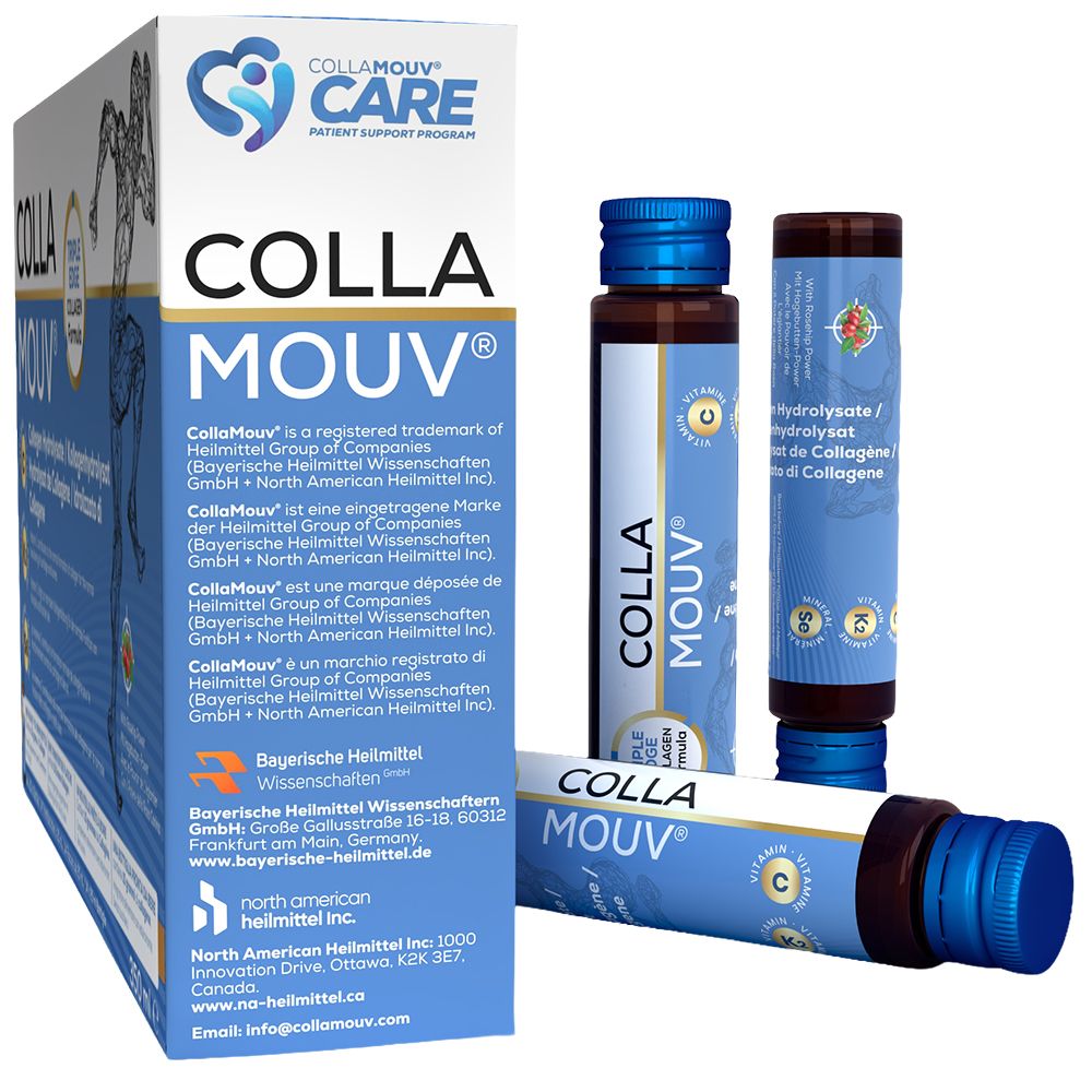 BHW Collamouv Original Kollagen : Boîte avec informations produit et trois flacons individuels.