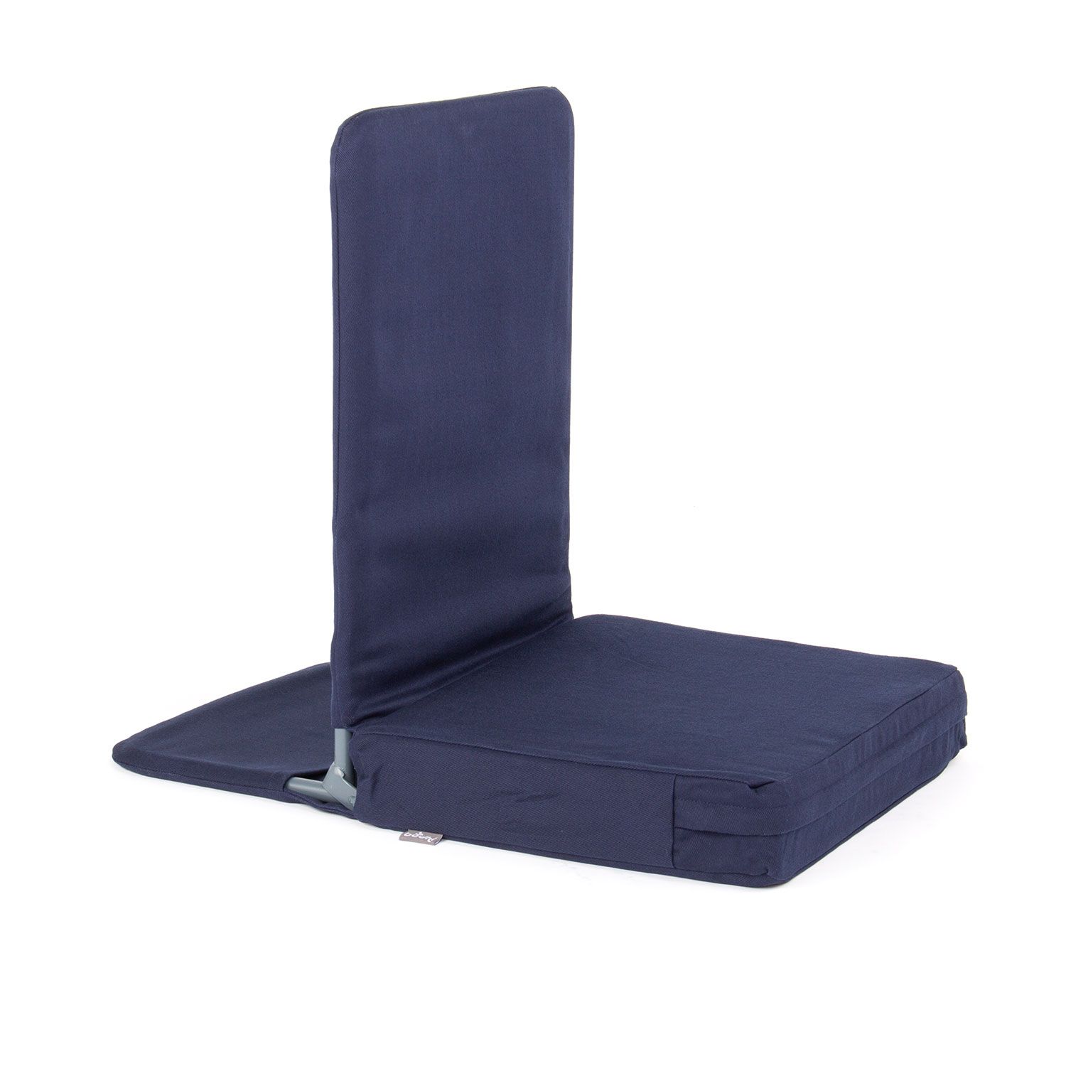 Chaise de sol pliable bleue avec dossier et assise. Structure métallique. Revêtement en tissu.