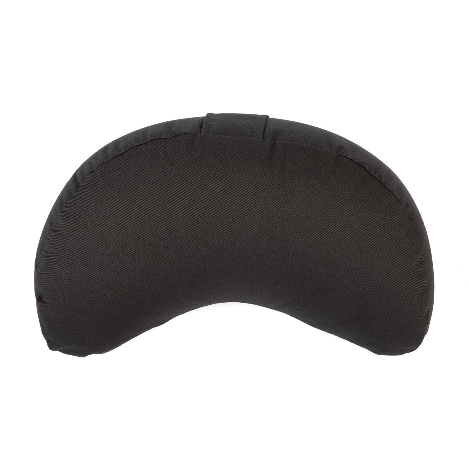 Coussin de méditation noir en forme de demi-lune, vue de face.
