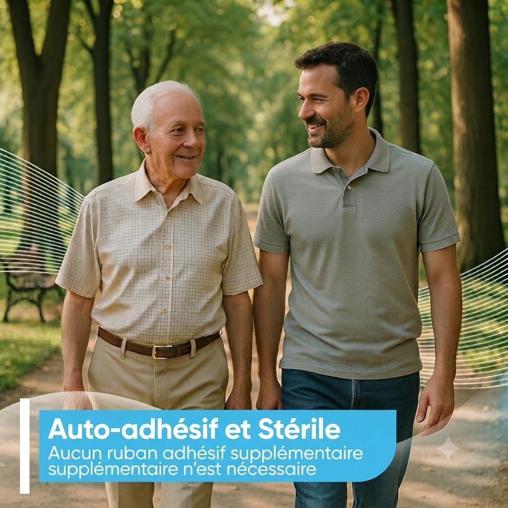 Deux hommes marchent dans un parc. L'homme âgé porte une chemise à carreaux, le plus jeune un polo. Texte : Auto-adhésif et stérile.