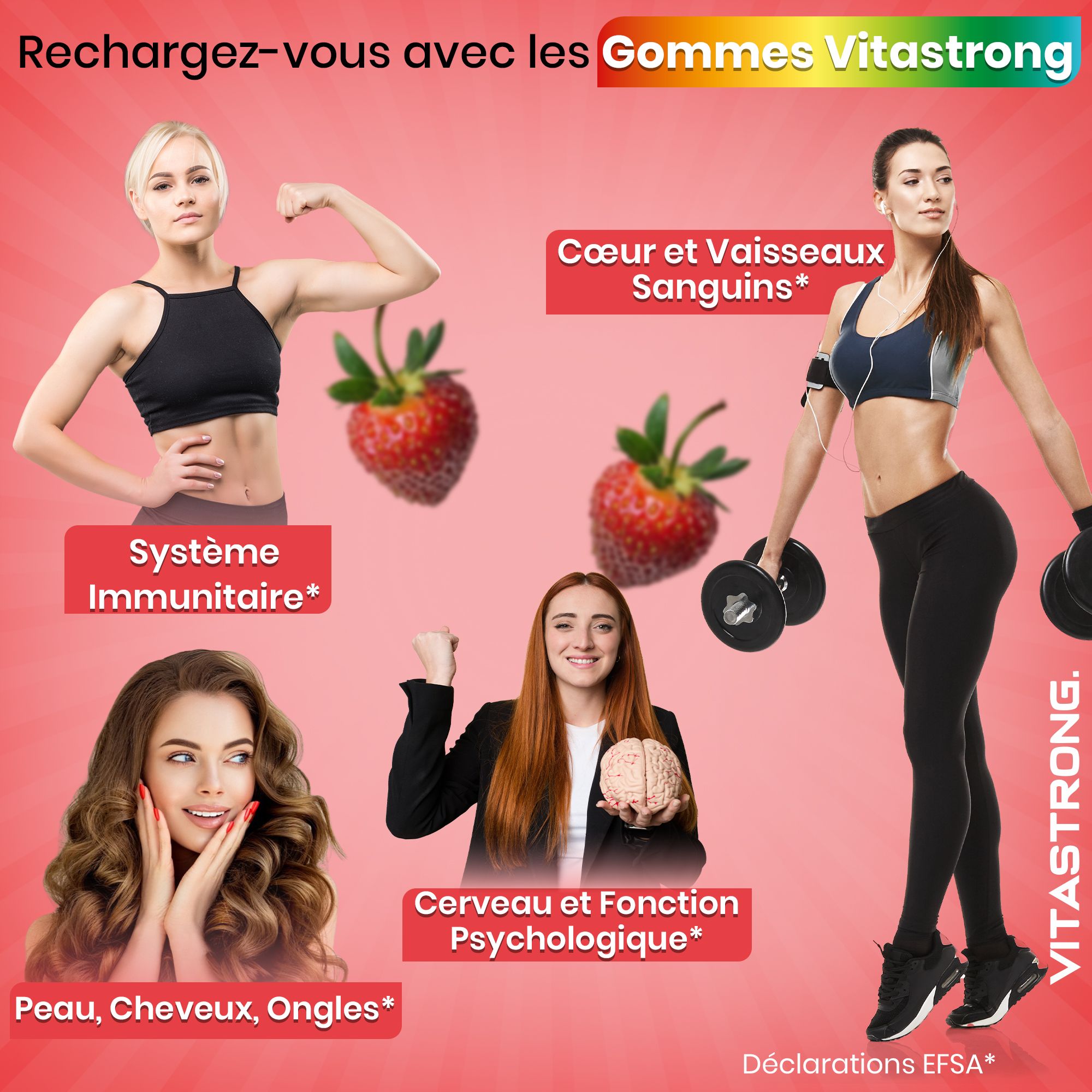 Publicité avec femmes, fraises et texte. Gommes Vitastrong pour système immunitaire, cœur, peau, cheveux, ongles et fonction psychologique.
