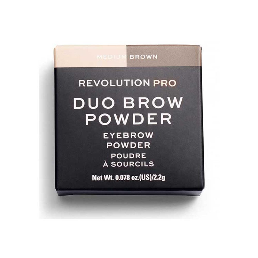 Emballage compact de poudre à sourcils. Inscription "REVOLUTION PRO DUO BROW POWDER". "MEDIUM BROWN" en haut.
