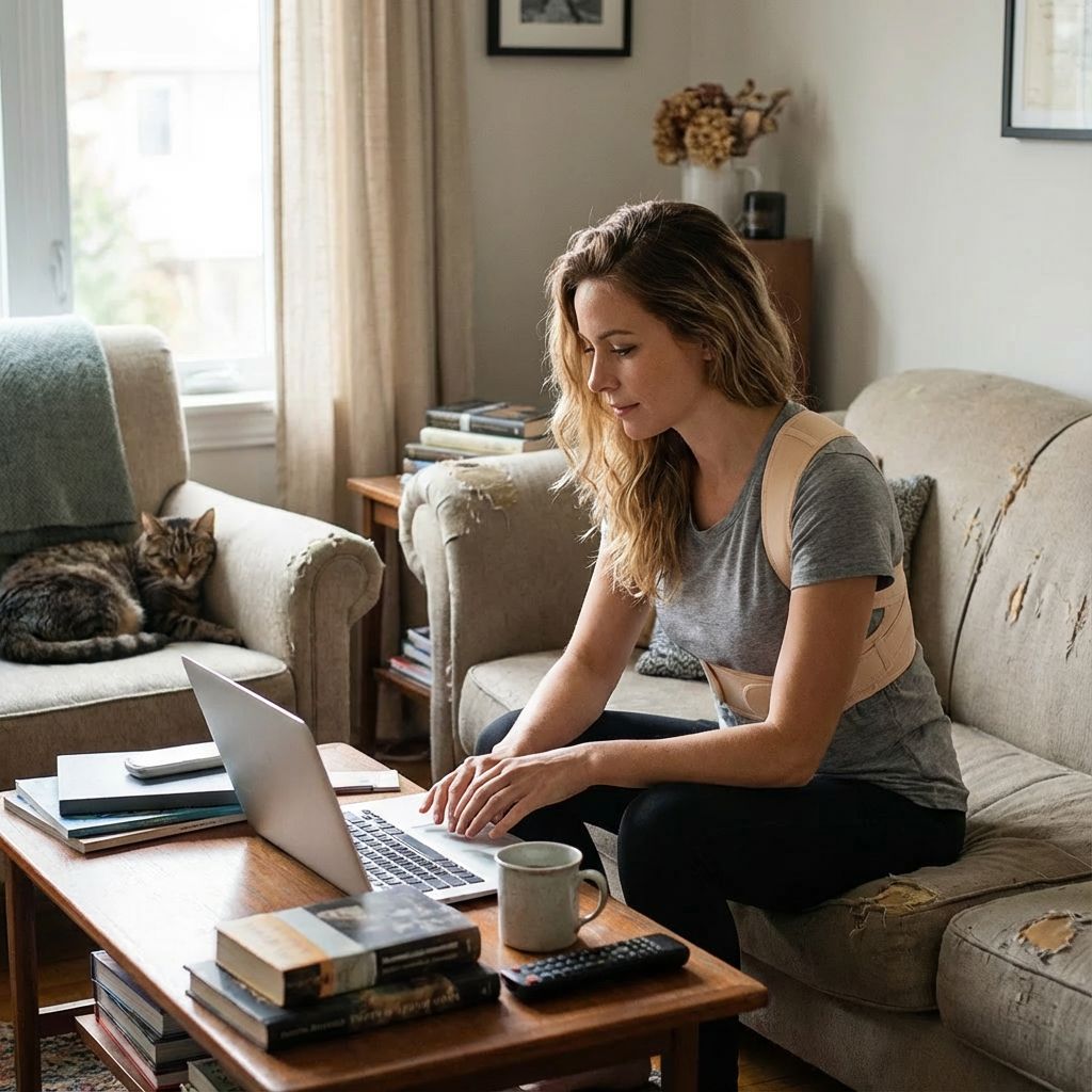 Vrouw met beige houdingscorrector. Zit op bank, werkt op laptop. Koffiekopje. Kat.