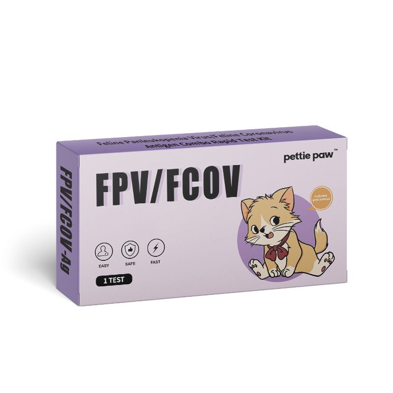 Boîte en carton avec inscription FPV/FCoV et logo. Contient 1 test. Illustration d'un chat.