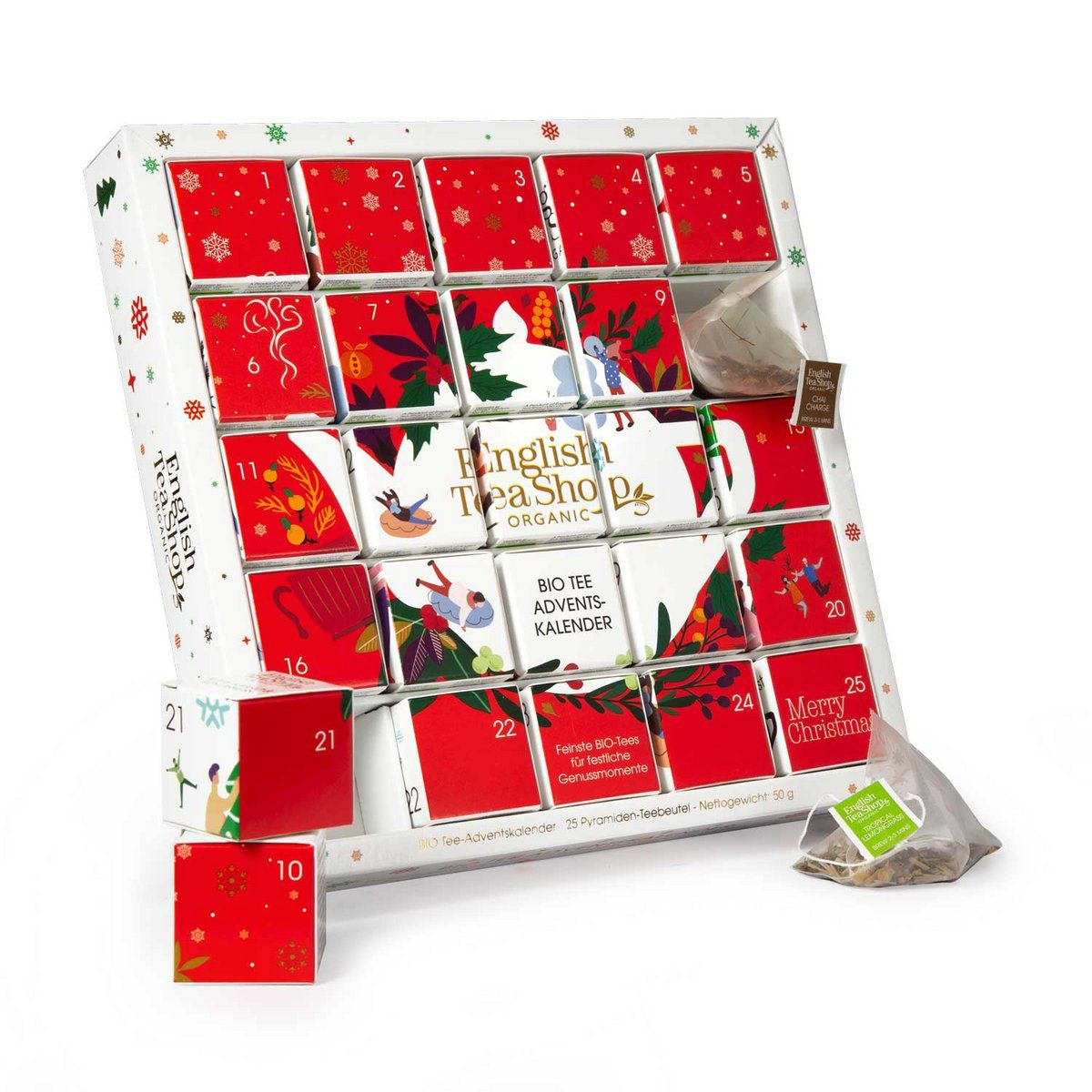 Calendrier de l'Avent avec 25 portes rouges. Logo et texte English Tea Shop. Calendrier de l'Avent BIO. Sachet de thé à côté.