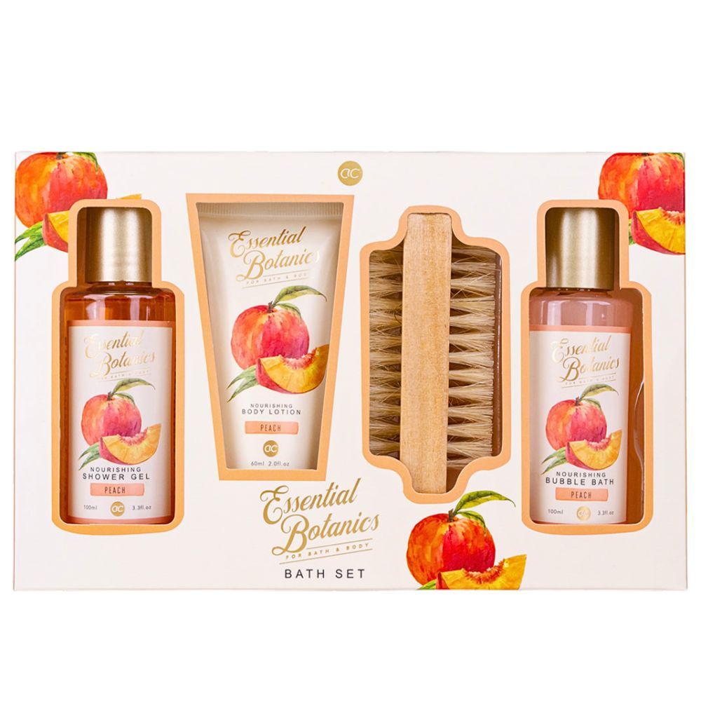 Coffret cadeau avec produits de soin. Contient gel douche, bain moussant, lotion pour le corps et une brosse. Motifs de pêche.