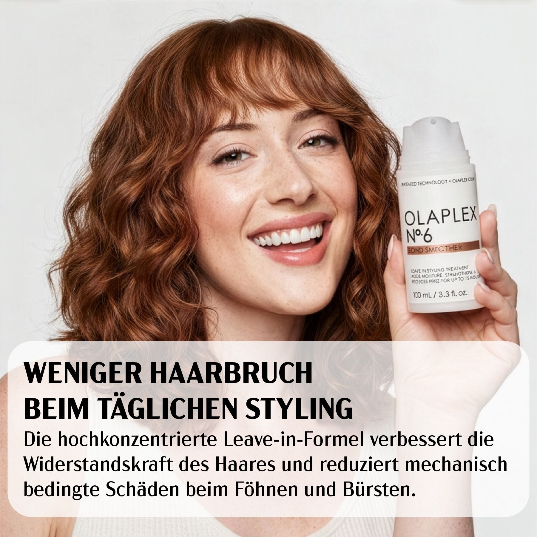 Vrouw met Olaplex No. 6 Bond Smoother. Tekst: Minder haarbreuk bij dagelijkse styling. Leave-in formule.