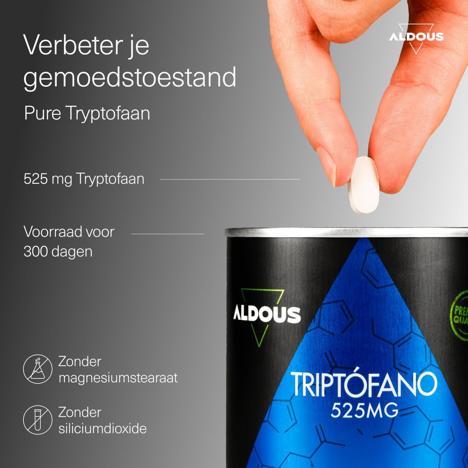 Aldous Tryptofaan 525mg capsule. Voorraad voor 300 dagen. Zonder magnesiumstearaat en siliciumdioxide.