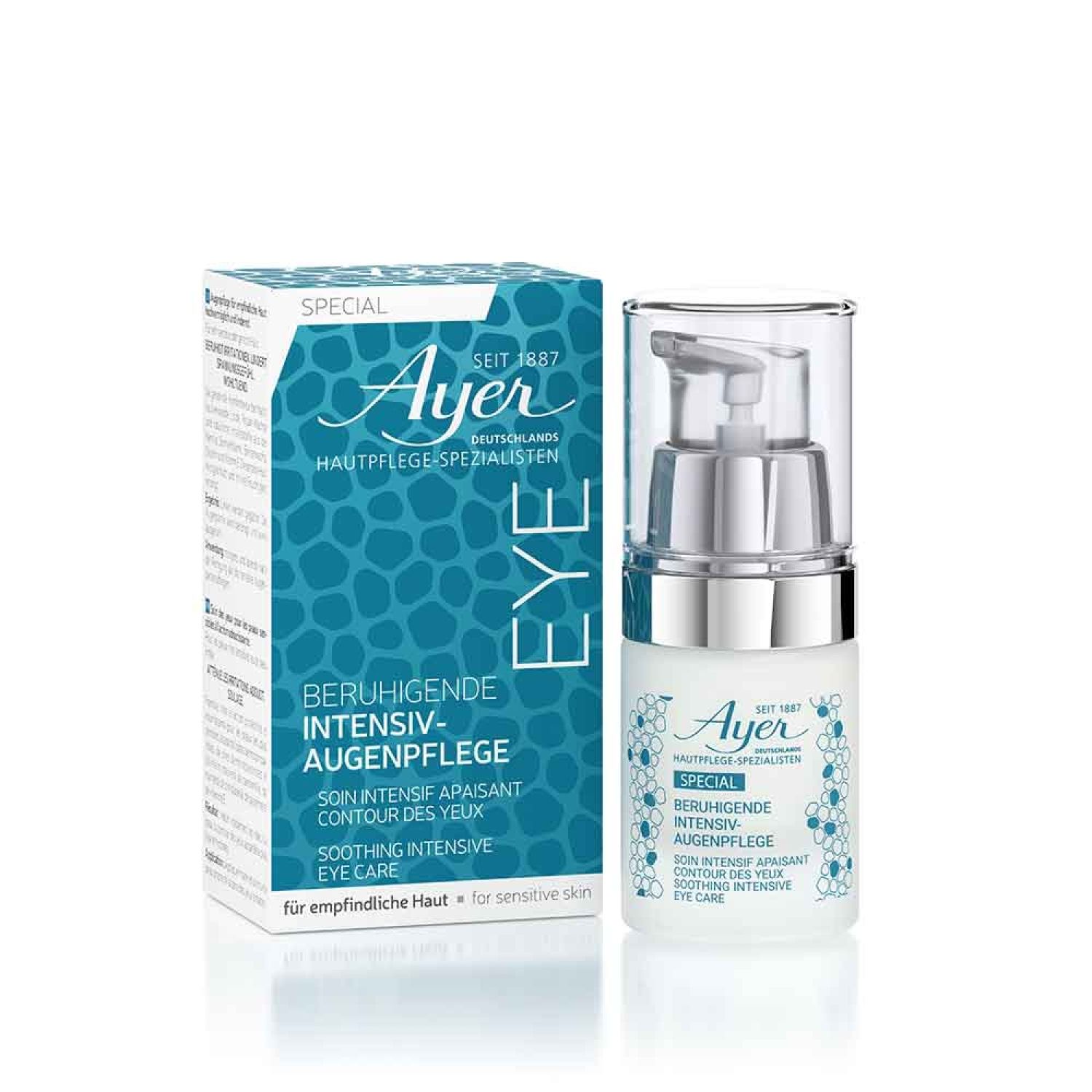 Ayer Eye Care. Flacon et emballage. Texte : Beruhigende Intensiv-Augenpflege, Soin intensif apaisant contour des yeux, Soothing Intensive Eye Care.