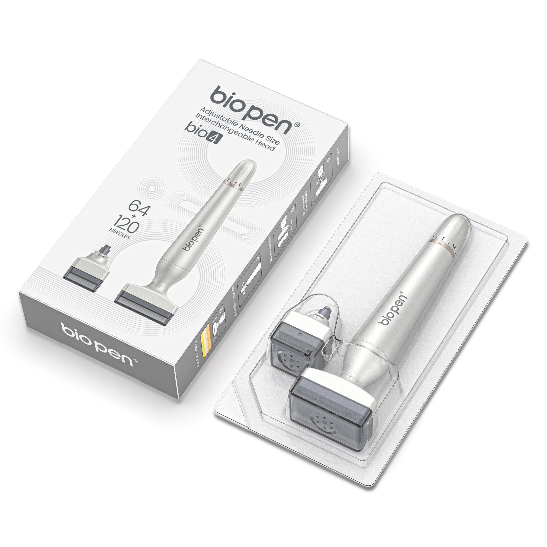 Verpakking met BioPen en accessoires. Bevat BioPen, twee opzetstukken en een handleiding. Witte doos.