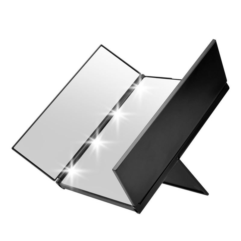 Miroir cosmétique noir pliable à trois volets avec éclairage LED. Deux surfaces de miroir visibles.