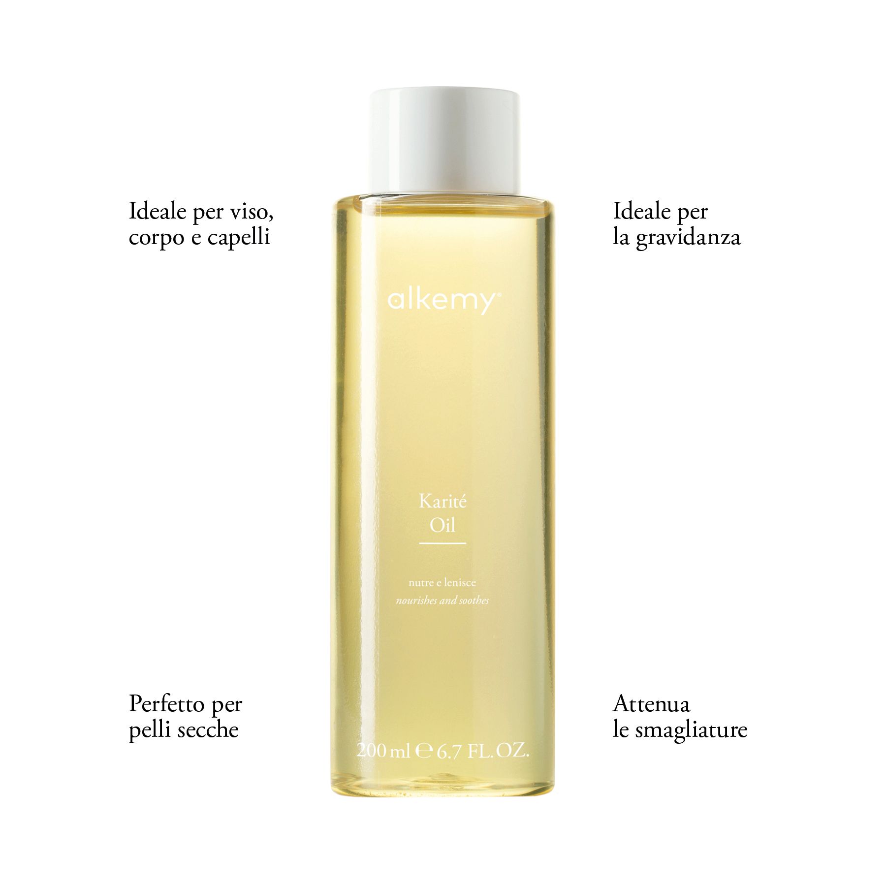 Bouteille d'huile Alkemy Karité avec texte sur l'utilisation et les propriétés.