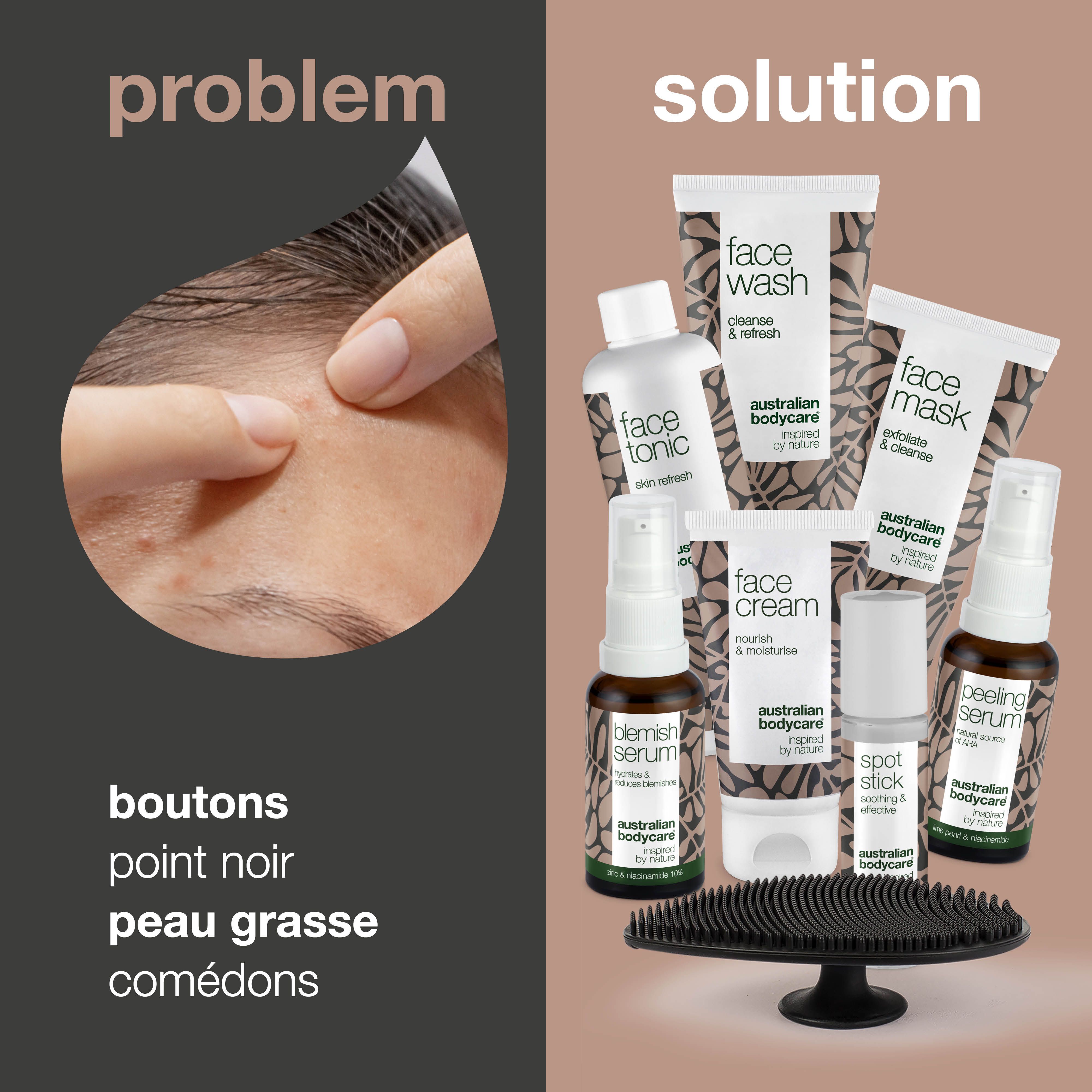 Produits de soins de la peau Australian Bodycare : nettoyant visage, masque, crème, tonique, sérum, spot stick.