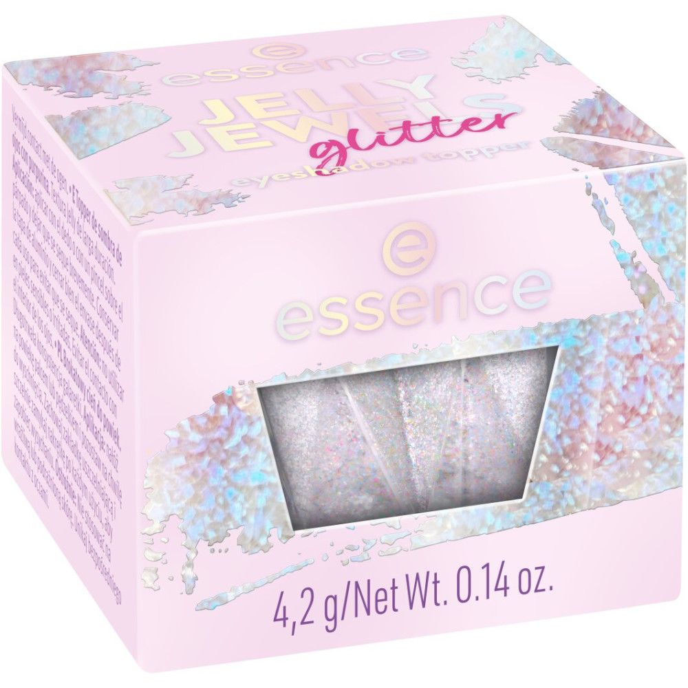 Emballage rose avec Jelly Jewels Glitter. Texte blanc. 4,2 g/Poids net 0,14 oz.