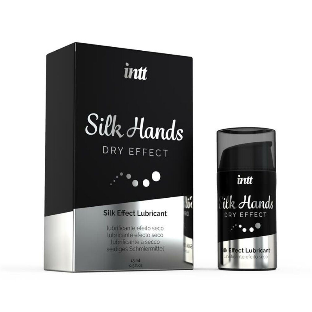 Lubrifiant Intt Silk Hands Dry Effect et son emballage. Bouteille avec distributeur.