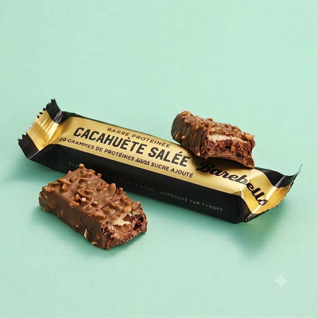 Barre protéinée Barebells "Cacahuète Salée", une ouverte, sur fond vert clair.