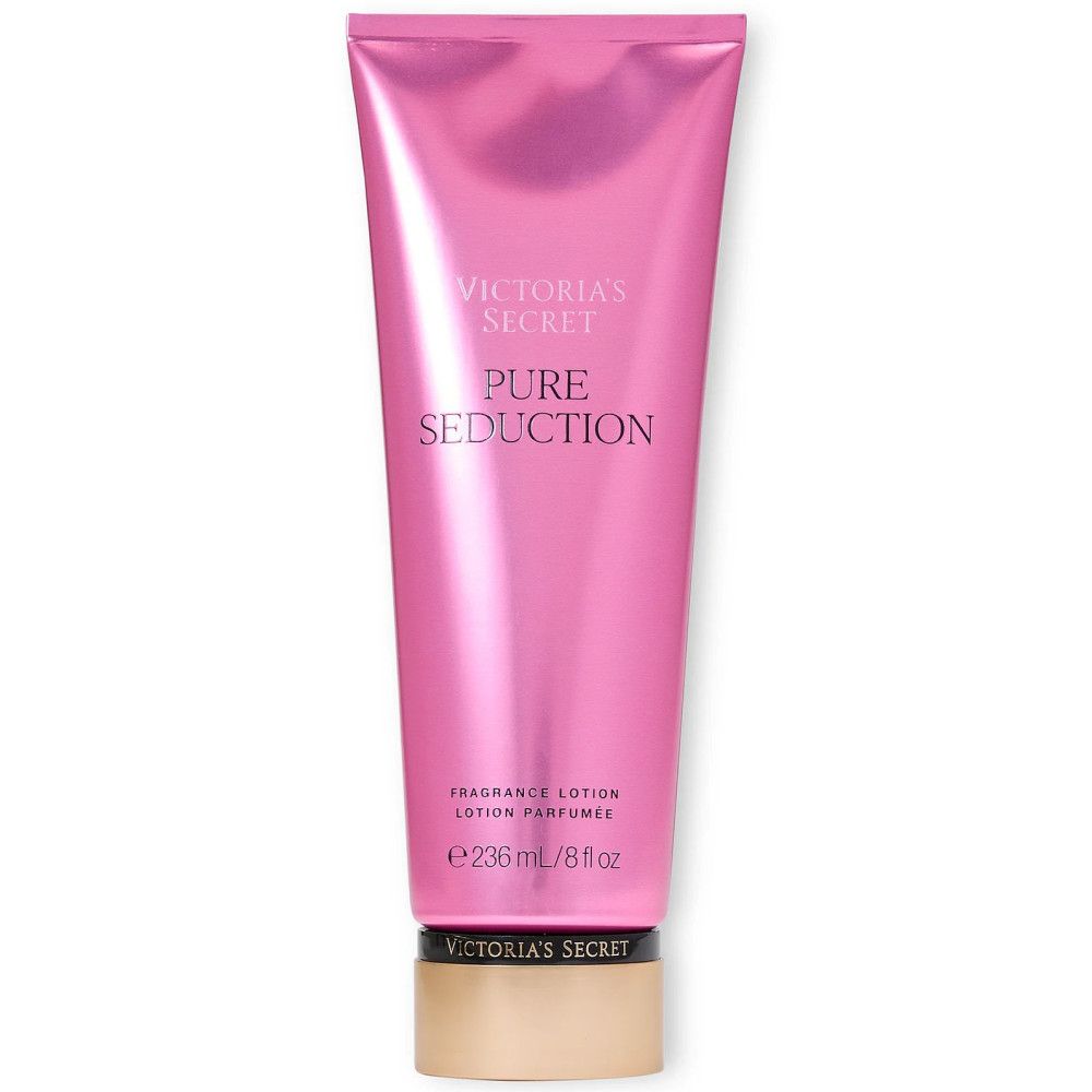 Roze tube met zwarte dop. Tekst: Victoria's Secret, Pure Seduction, Fragrance Lotion. 236 ml/8 fl oz.