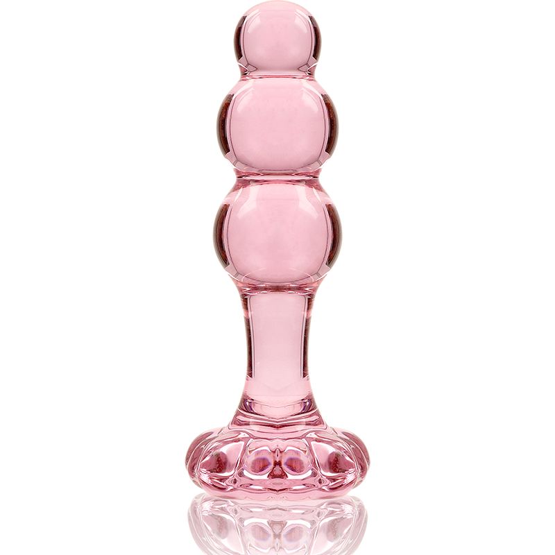 Een roze glazen staaf met bolvormige versieringen en een brede, bewerkte voet.