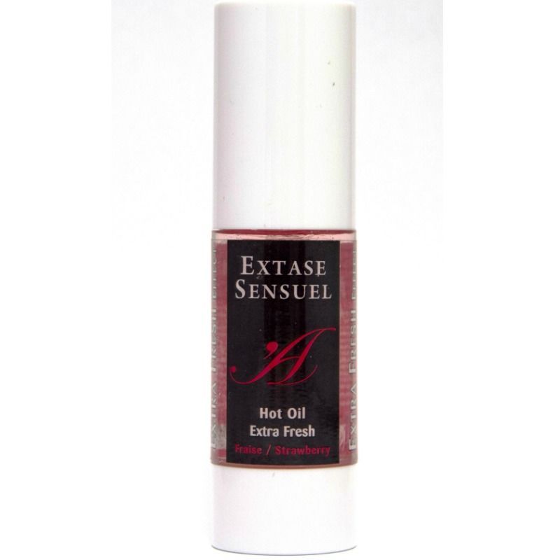 Fles met rode Hot Oil, opschrift "Extase Sensuel", "Extra Fresh" en "Apple / Strawberry".