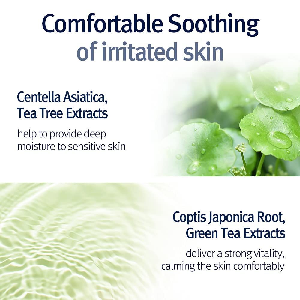 Apaisement confortable des peaux irritées avec Centella Asiatica et extrait de thé vert.