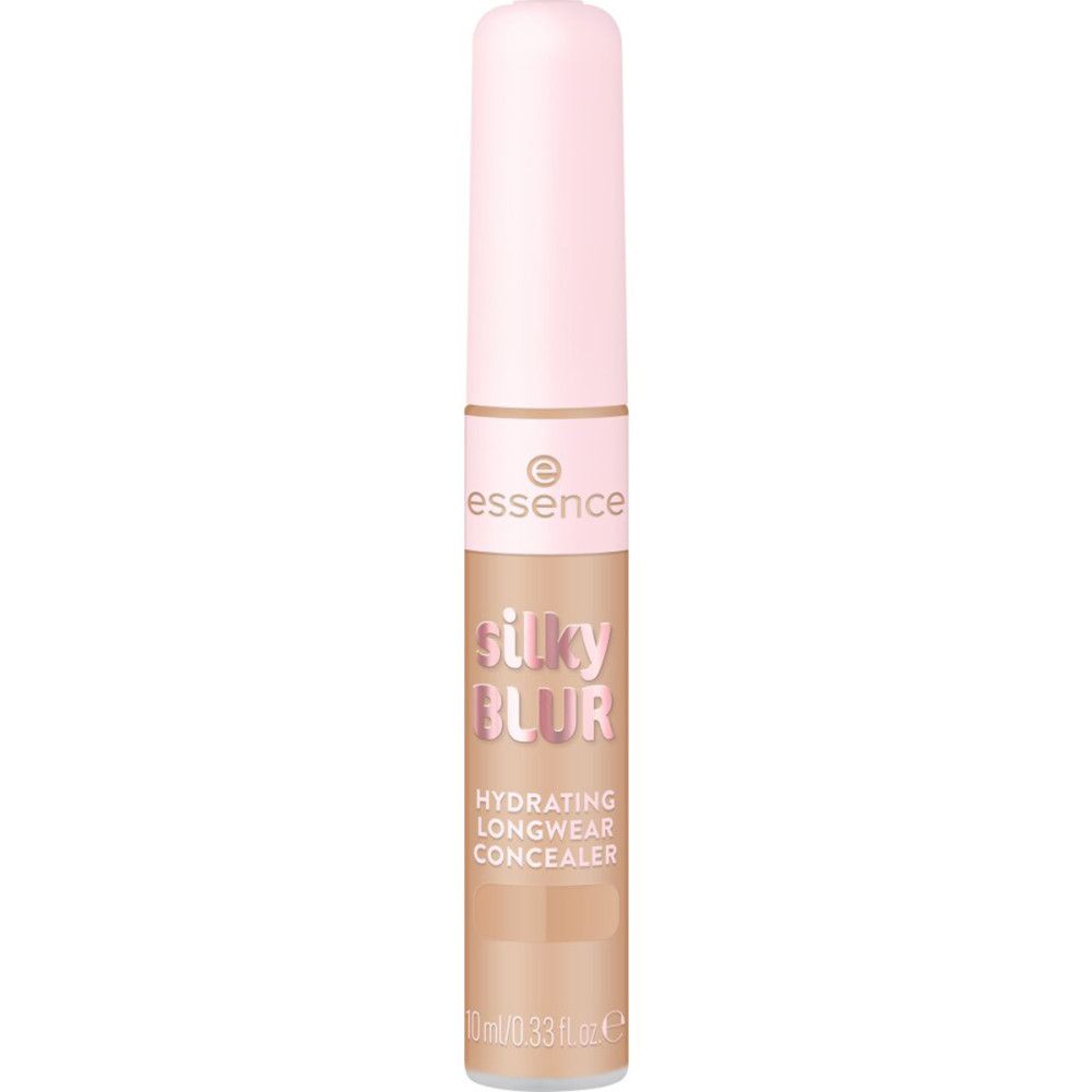 Beige concealer tube met roze dop. Opschrift: Silky Blur, Hydrating Longwear Concealer. Merk Essence.