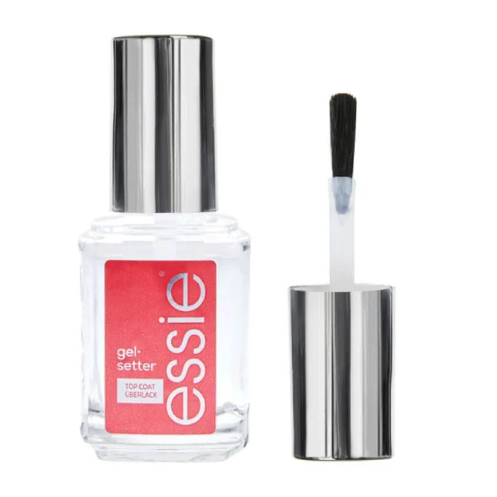 Flacon de vernis à ongles avec pinceau à côté. Étiquette rouge avec inscription : essie, gel. setter, TOP COAT, Überlack.