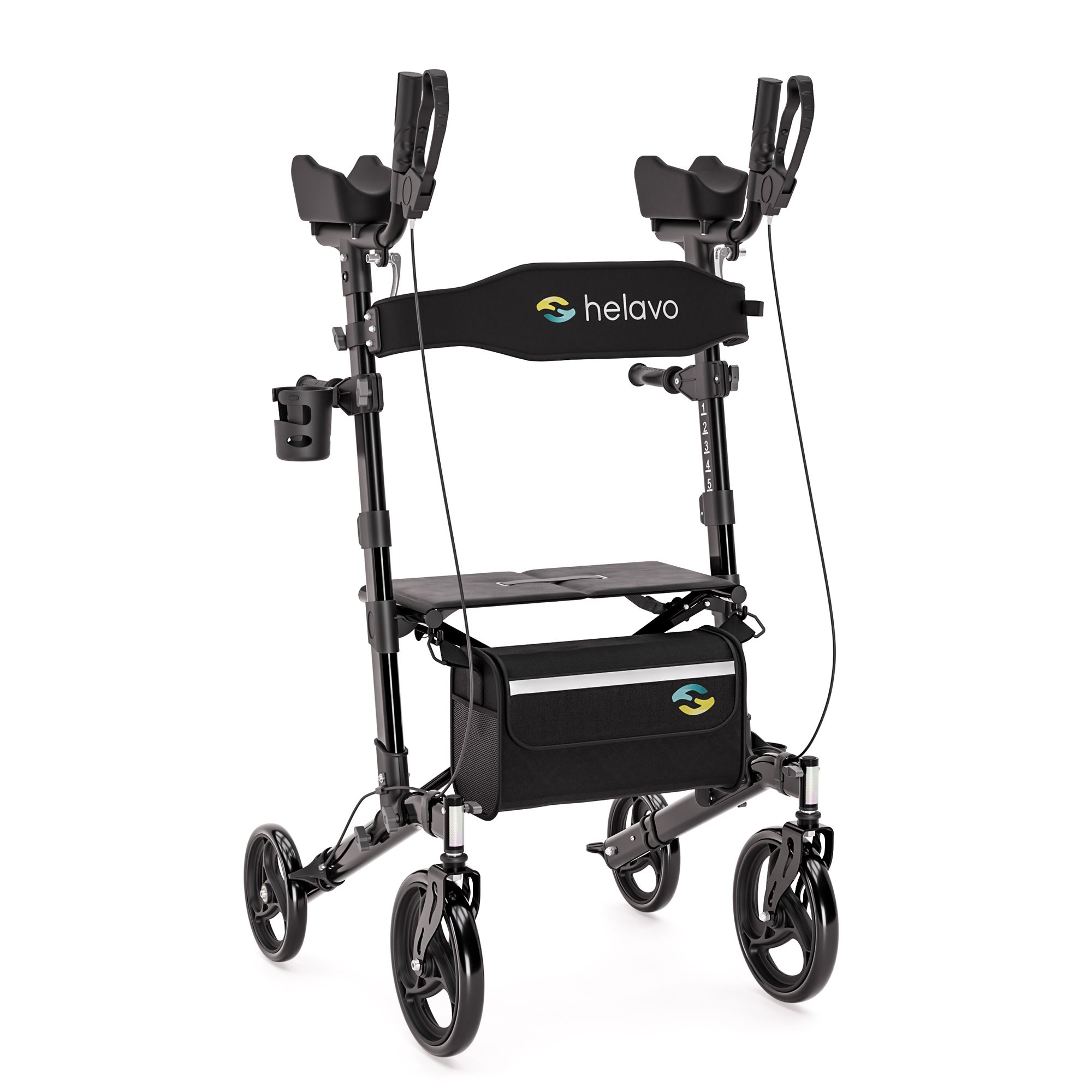 Zwarte opvouwbare rollator met zitje, tas en bekerhouder.