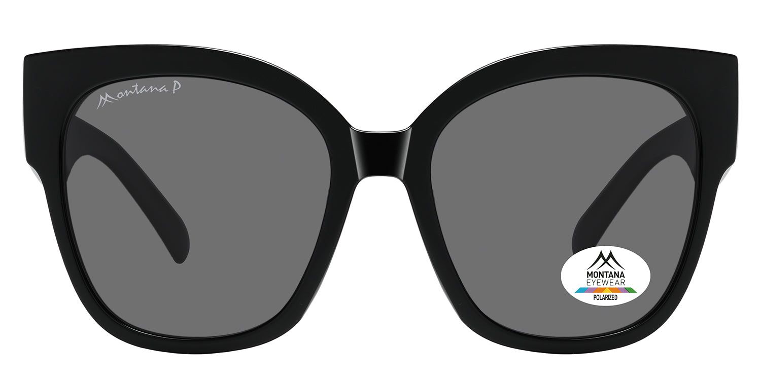 Zwarte zonnebril met grijze glazen. Montana Eyewear logo op de linker poot. Gepolariseerde sticker op het rechter glas.