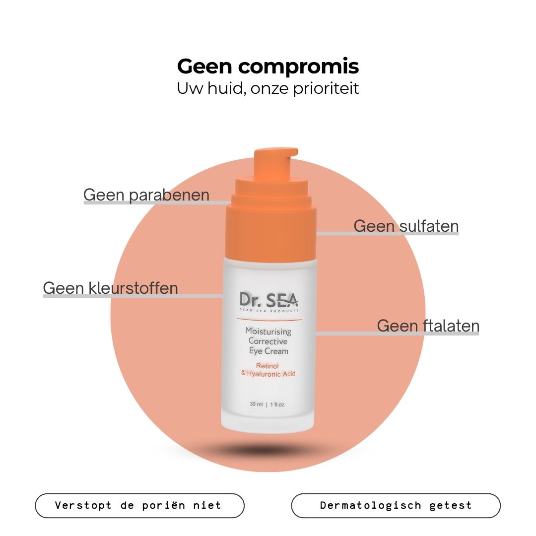 Productflesje met tekst en illustraties. Tekst: Dr. SEA, Moisturising Corrective Eye Cream, Retinol & Hyaluronzuur. Zonder compromissen.