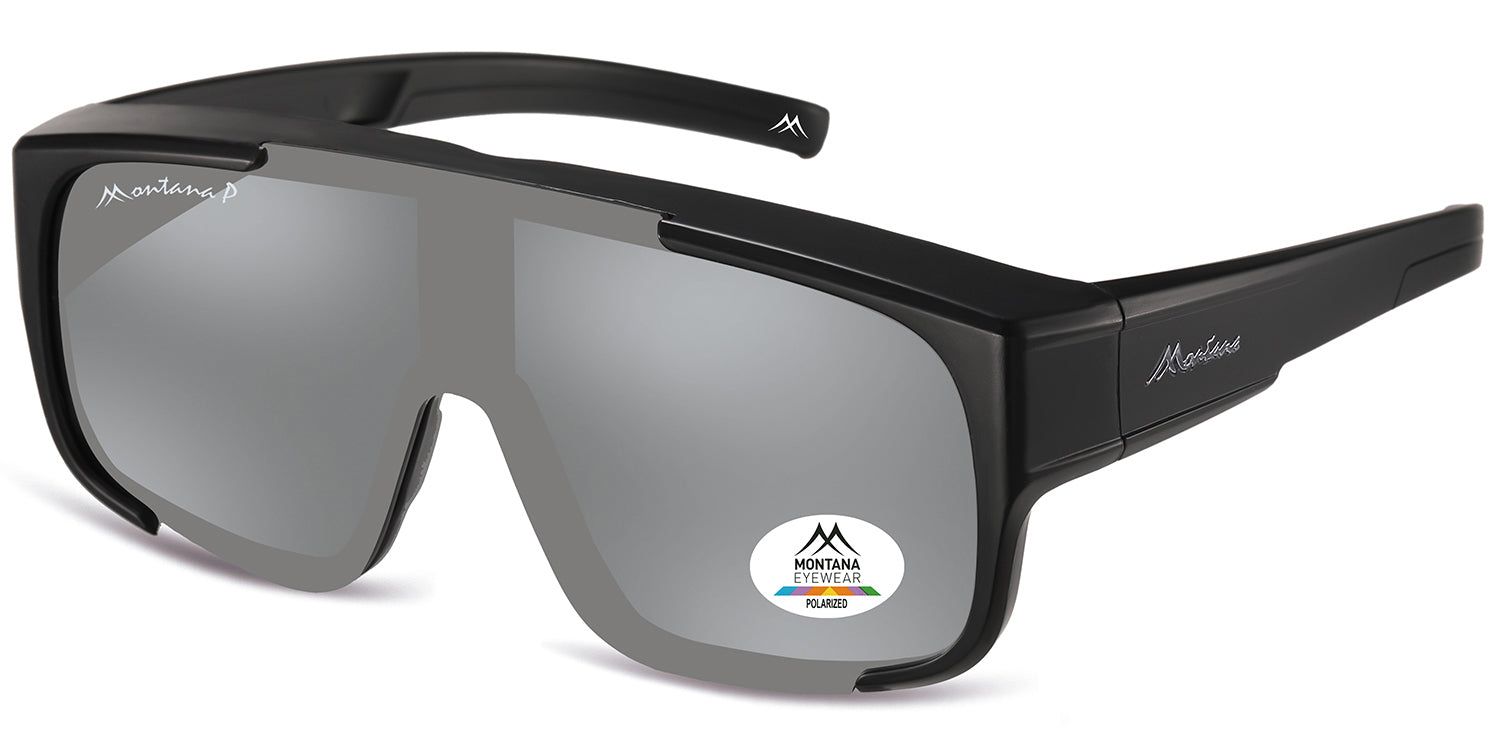 Lunettes de soleil enveloppantes noires avec verres gris. Logo Montana Eyewear sur la branche et le verre.