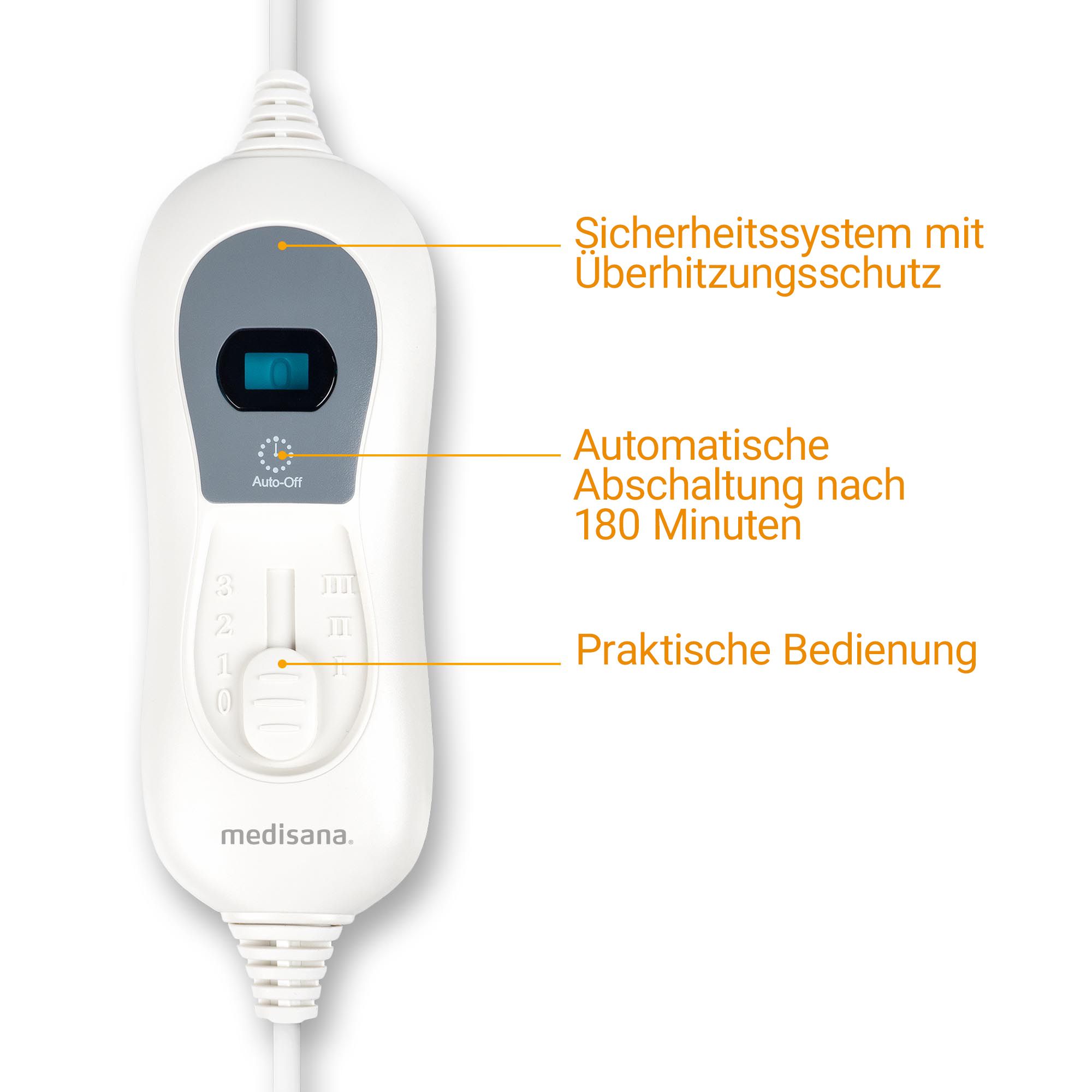 Bediening van de medisana verwarmde matrasovertrek met display en aanduidingen oververhittingsbeveiliging en automatische uitschakeling.