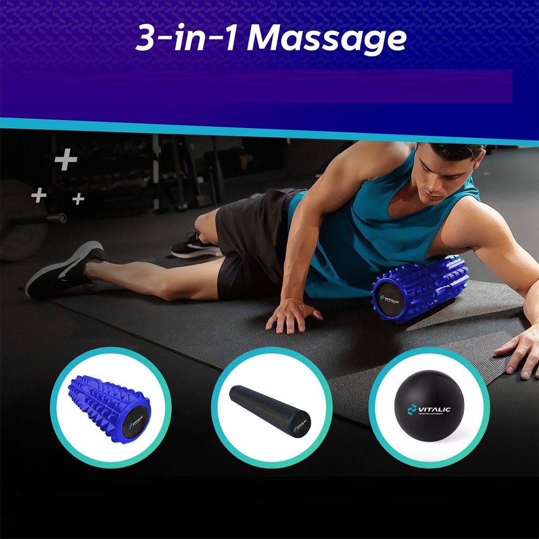Homme s'entraîne avec rouleau bleu. Trois produits: rouleau, mini-rouleau, balle. Texte: Massage 3-en-1.