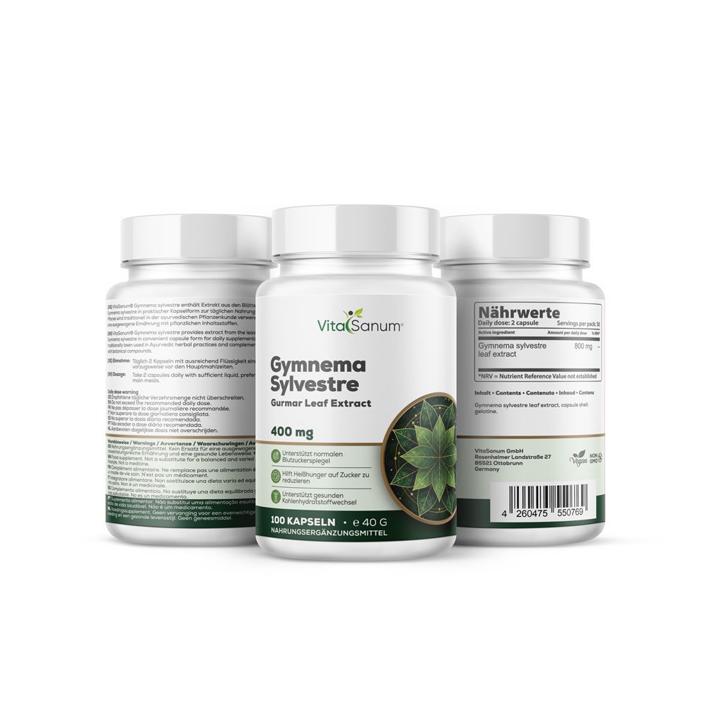 Drie witte flessen met groen etiket. Opschrift: VitaSanum, Gymnema Sylvestre, 400 mg. 100 capsules.