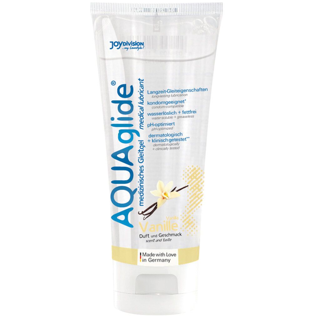 AQUAglide Vanille glijmiddel in tube. Medisch. Met vanillemotief. Tekst: langdurige glijeigenschappen, pH-geoptimaliseerd, dermatologisch getest.