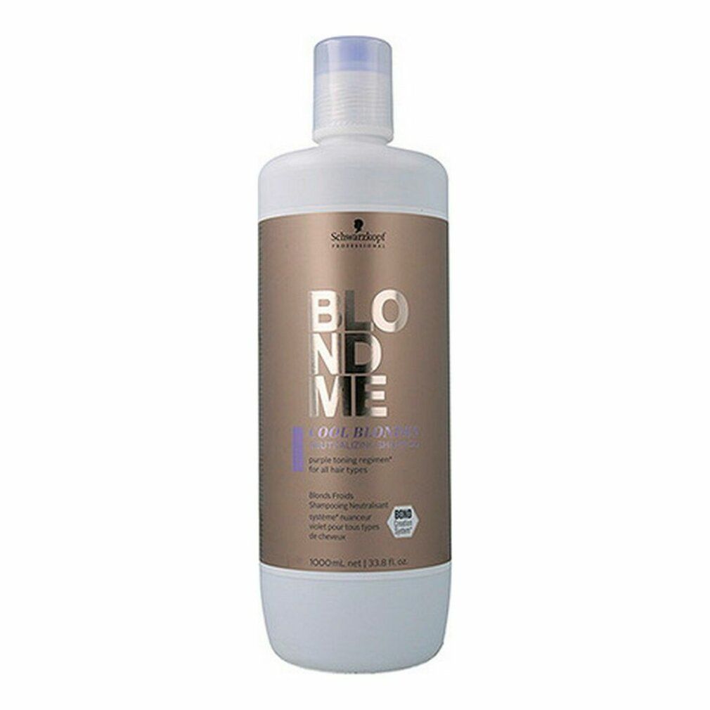 Schwarzkopf BlondMe Cool Blondes Shampoo. Witte fles met bruin etiket. Paarse accenten. Tekst: BlondMe, Cool Blondes.