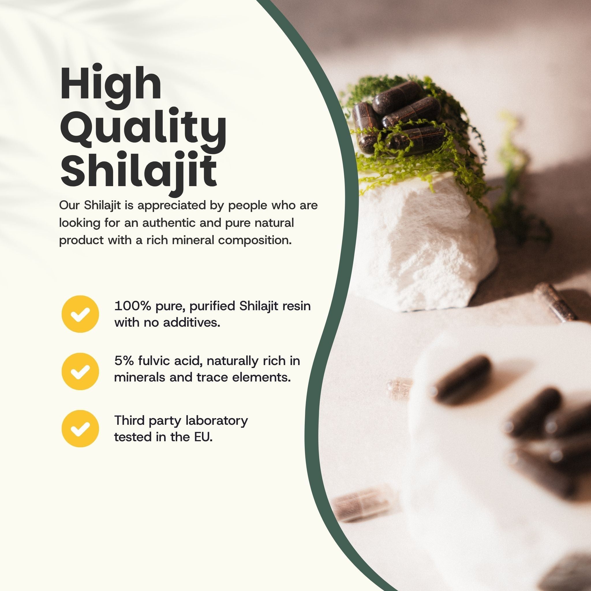 Texte sur fond blanc : High Quality Shilajit. 100% Shilajit pur, 5% acide fulvique, testé en laboratoire UE. Gélules sur pierre.