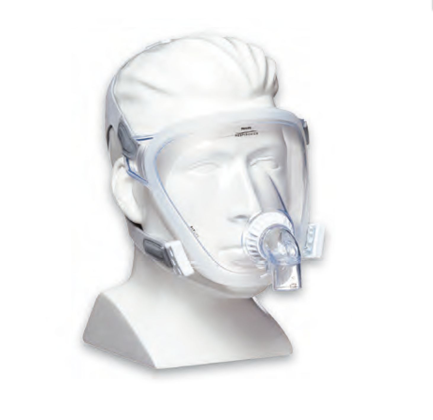 Masque complet sur un mannequin, face avant transparente, sangles grises et blanches.