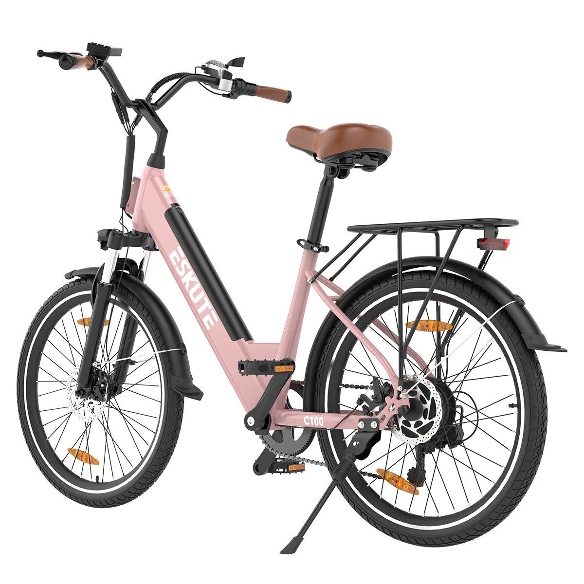 Vélo électrique rose avec selle et poignées marron. Porte-bagages arrière. Garde-boue et pneus noirs. Marque ESKUTE.