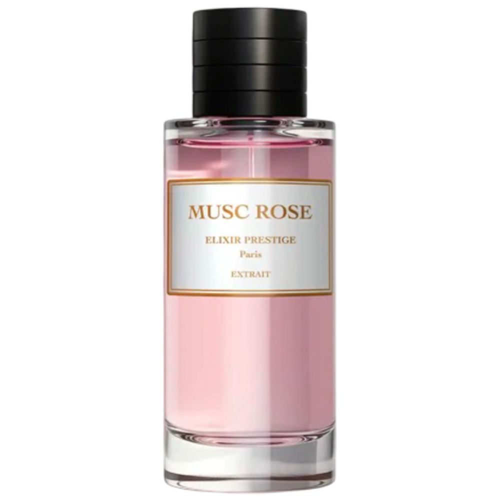 Flacon de parfum avec liquide rose. Bouchon noir. Étiquette blanche avec texte doré: Musc Rose, Elixir Prestige, Paris, Extrakt.