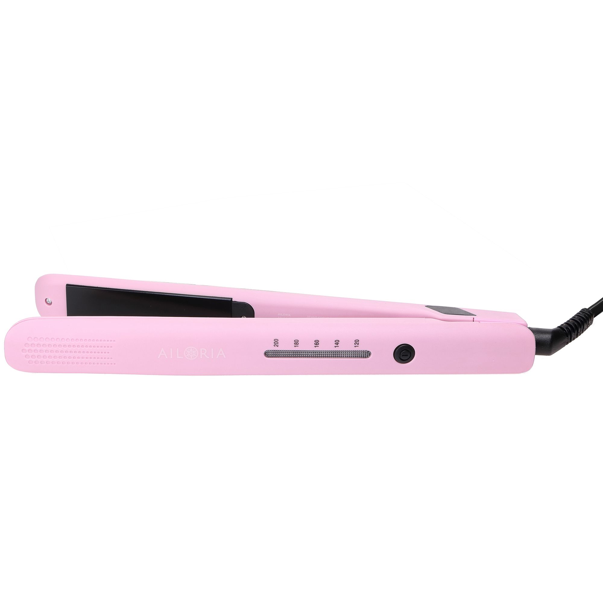 Roze stijltang met zwarte verwarmingsplaten. AILORIA ILLUMINE tekst. Kabelaansluiting.