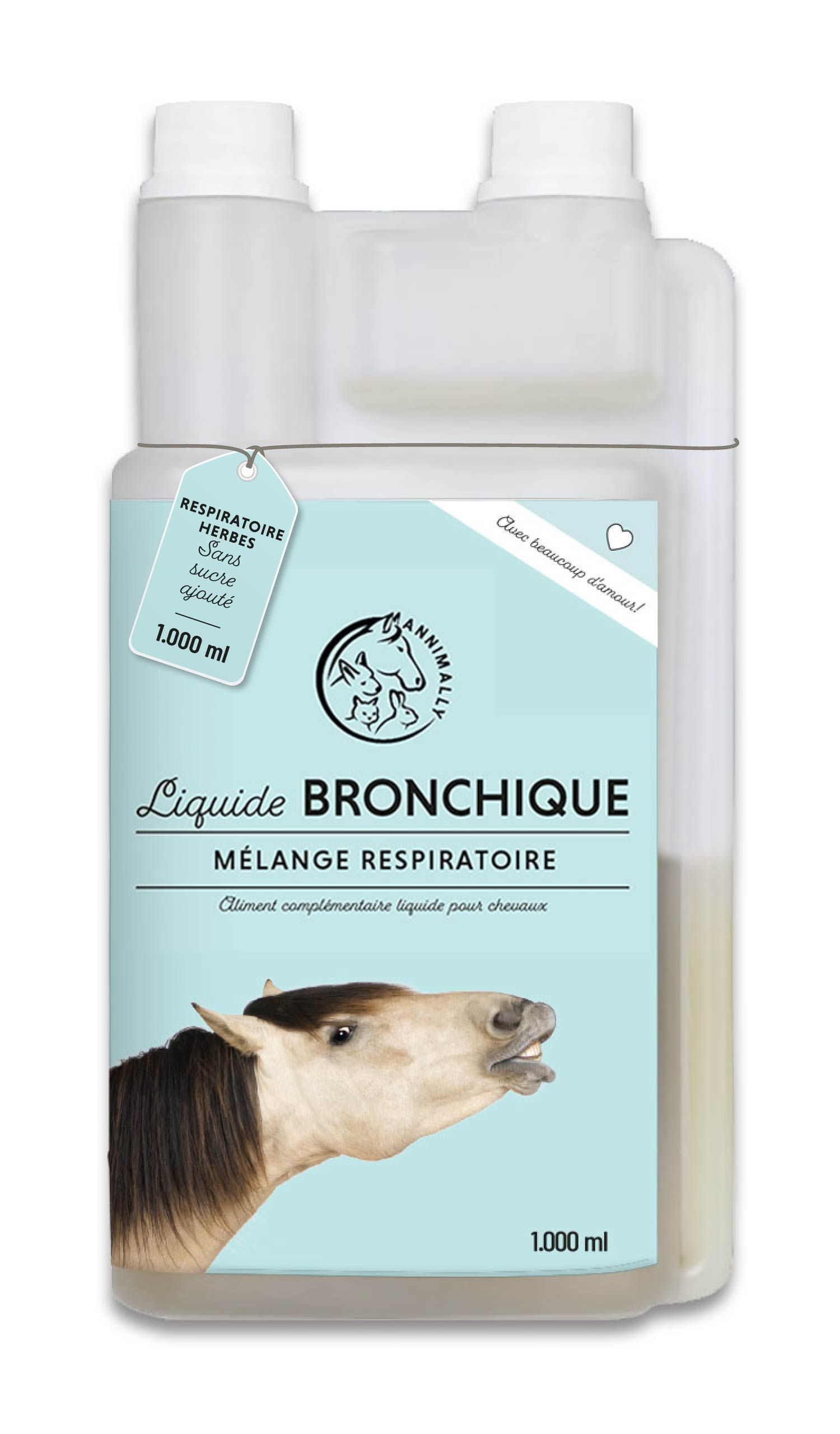 Bouteille de Annimally Bronchial Liquid. Inscription: Bronchial Liquid, mélange respiratoire. 1.000 ml. Sans sucre ajouté.