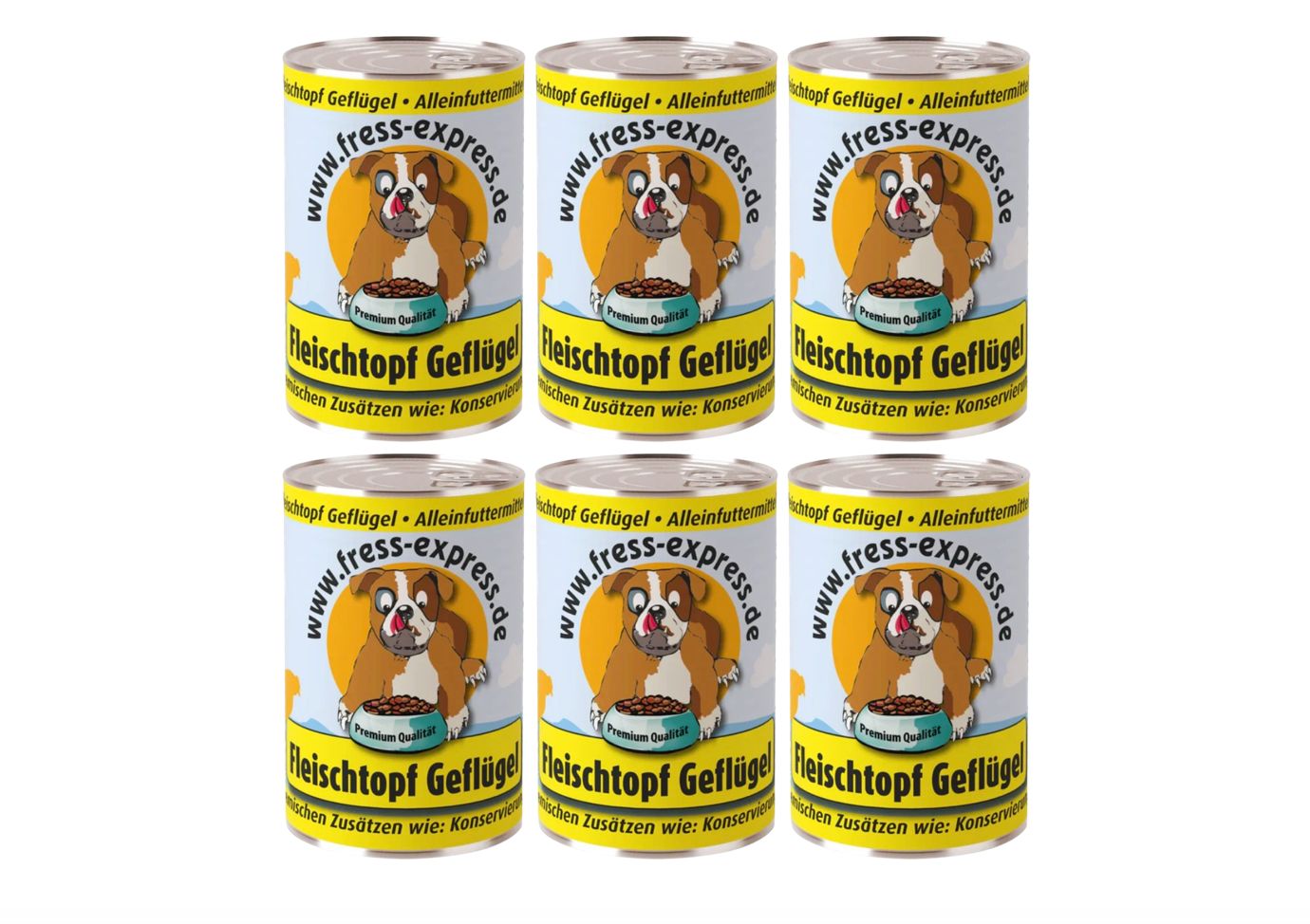 Six boîtes de Fress-express Fleischtopf Geflügel, aliment complet pour chiens. Étiquette avec chien, gamelle, texte. Fond jaune.
