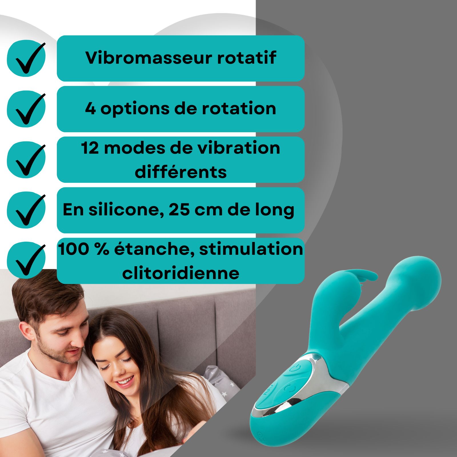 Vibrateur turquoise, forme incurvée. Texte: 12 modes de vibration avec stimulation clitoridienne.