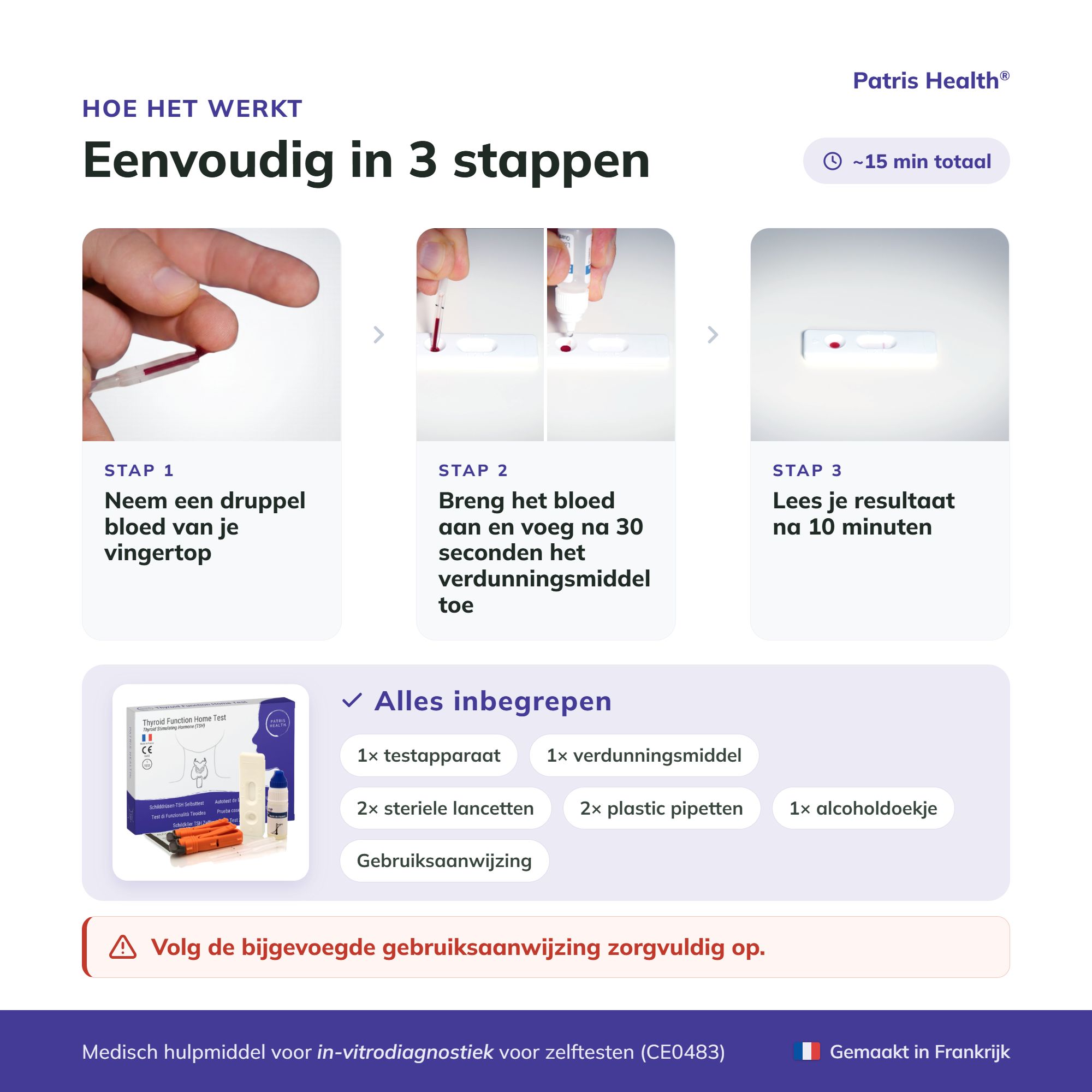 Hoe de schildklier TSH zelftest werkt: bloedafname, aanbrengen verdunner, resultaat.