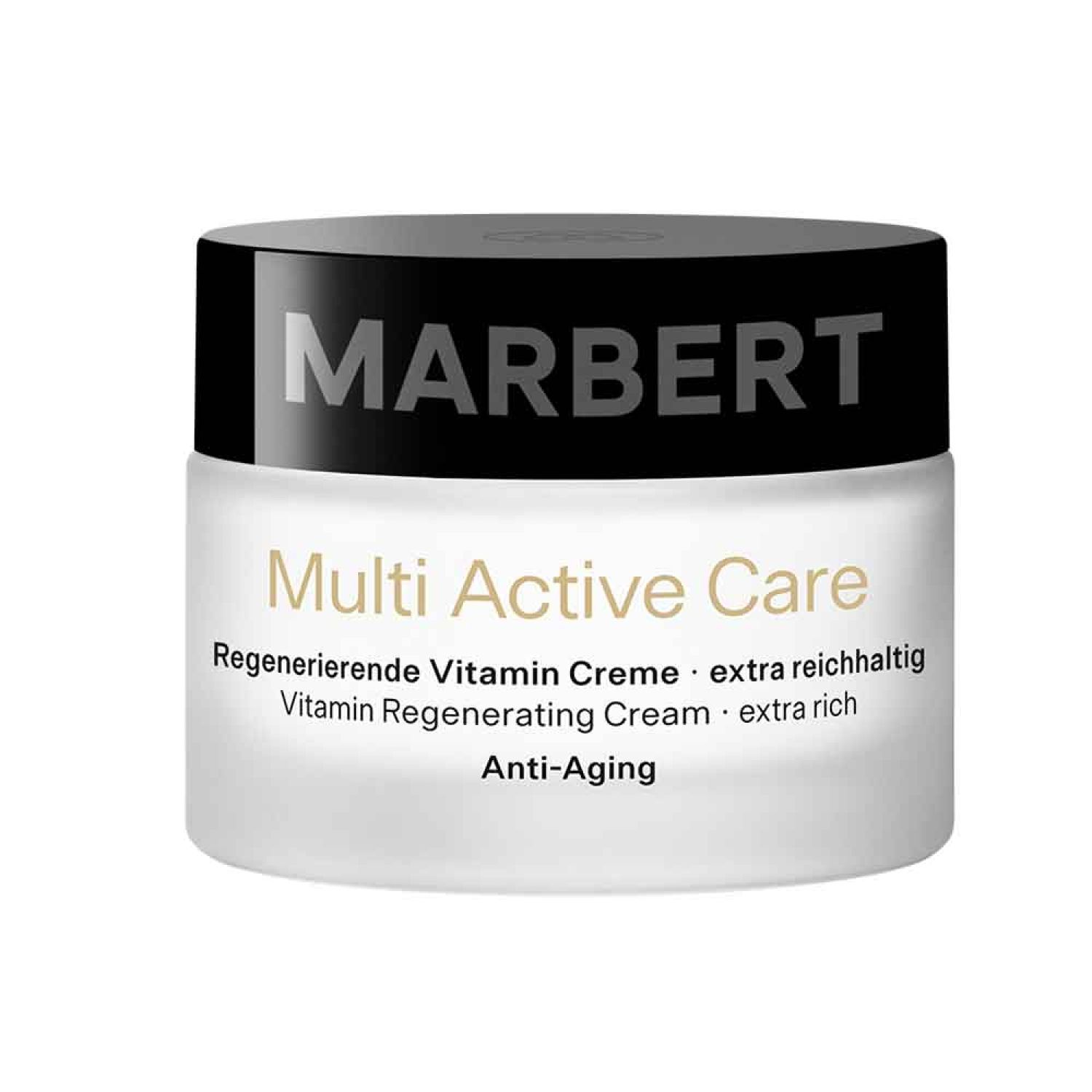 Crèmepot met zwarte deksel. Opschrift MARBERT, Multi Active Care, Regenerierende Vitamin Creme, Anti-Aging.