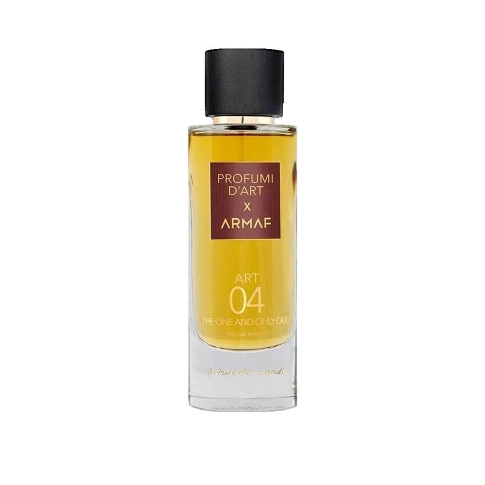 Parfumfles met zwarte dop. Op het etiket staat "PROFUMI D'ART x ARMAF ART 04 THE ONE AND ONLY OUD". 