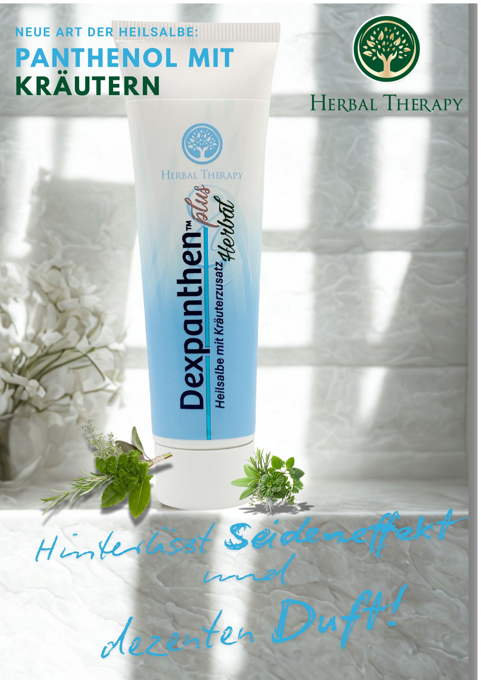 Affiche publicitaire avec Herbal Therapy Dexpanthen plus Herbal. Tube, herbes et texte: Nouveau type de pommade cicatrisante, effet soyeux et parfum délicat!