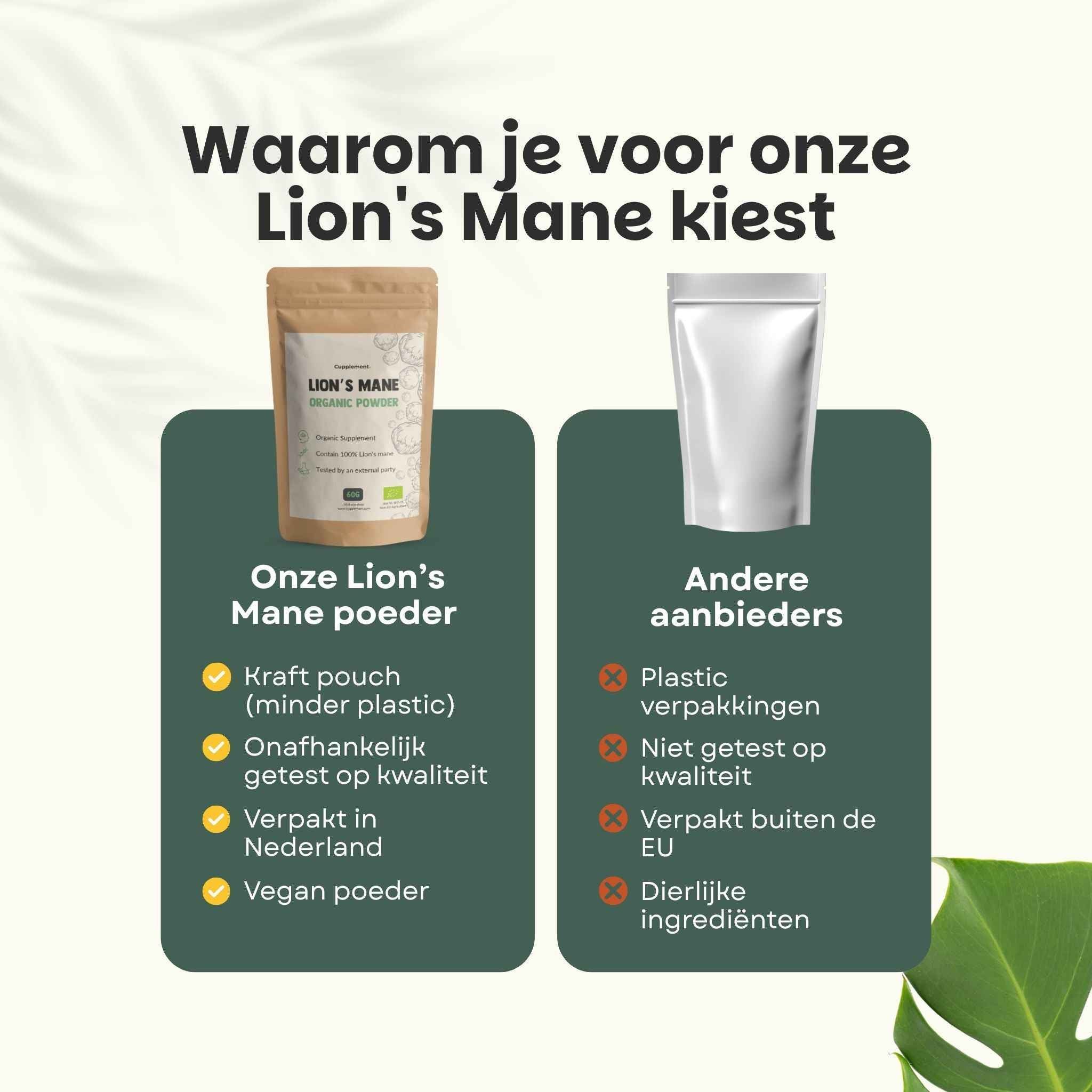 Vergelijking Lion's Mane poeder: kraft zakje vs plastic verpakking, kwaliteitstests, herkomst en ingrediënten.