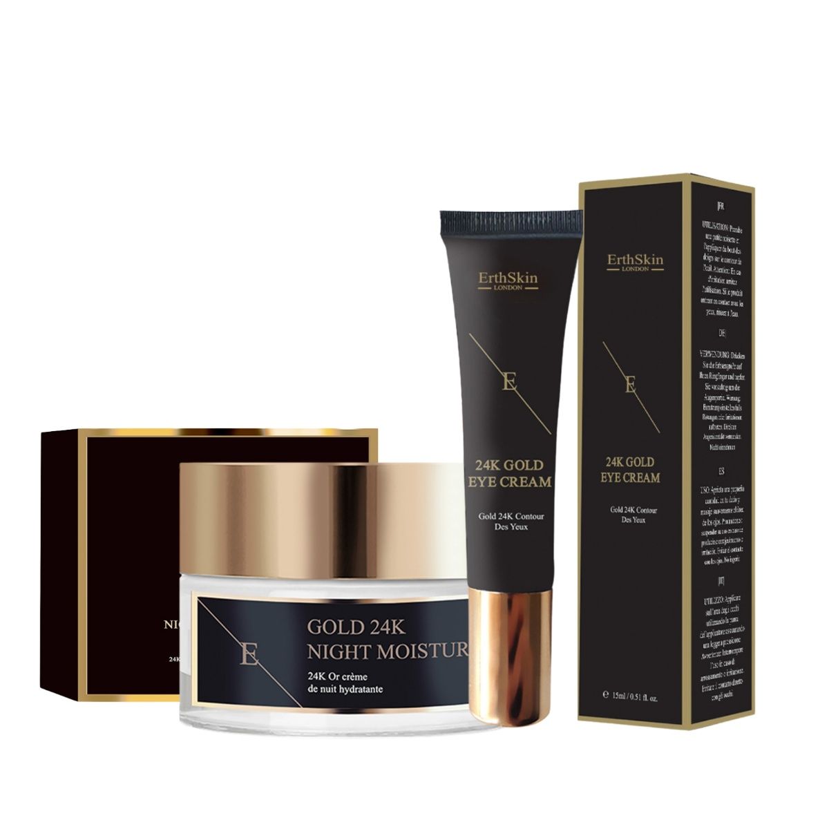 Ensemble ErthSkin London. Crème de nuit et contour des yeux. Emballages noirs, couvercles dorés. Texte: 24K Gold.