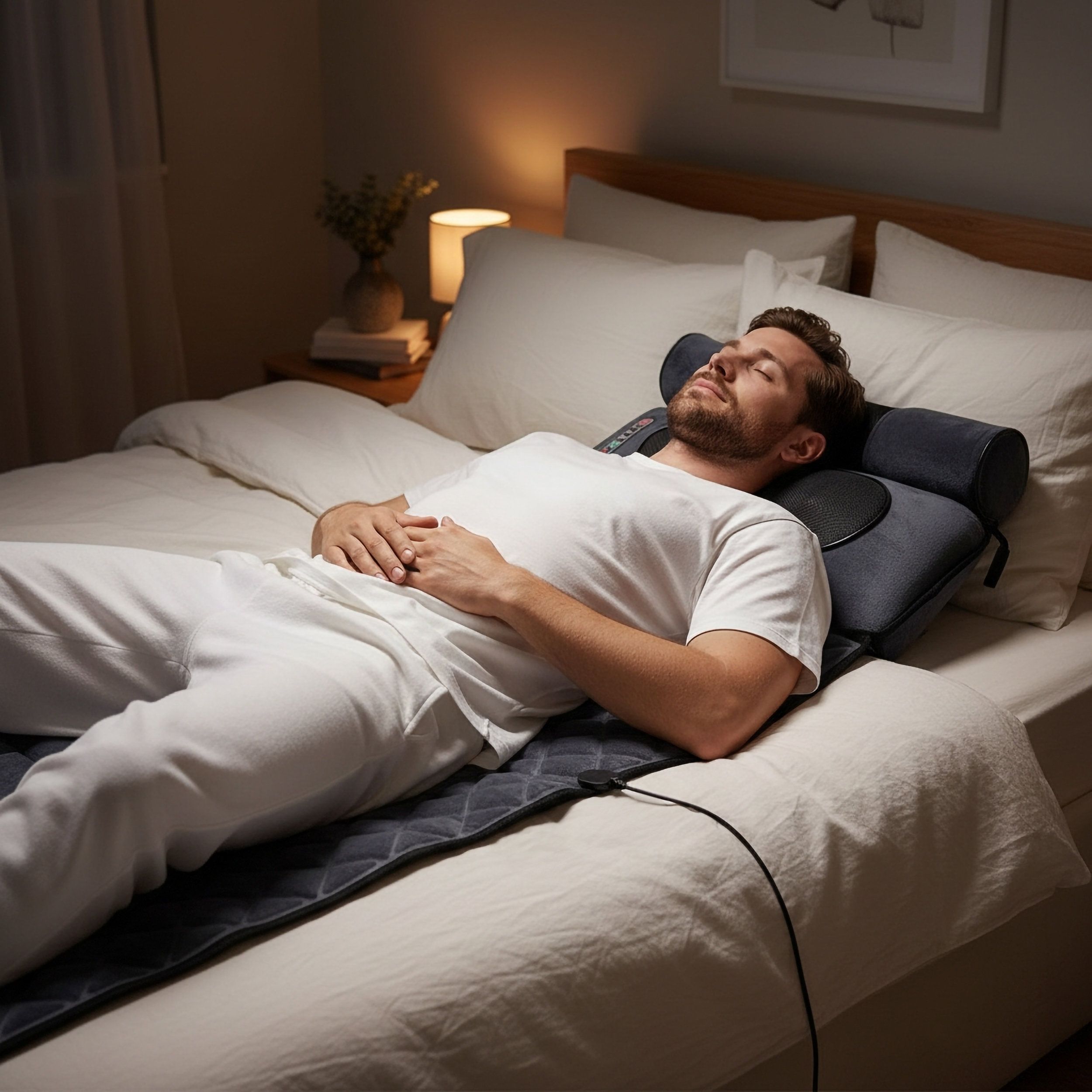 Man ligt op een grijze massage mat, hoofdsteun. Afstandsbediening. Geplaatst op een bed.